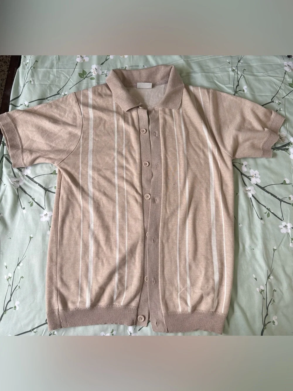 Men Beige Short-Sleeve Button Polo with White Stripes